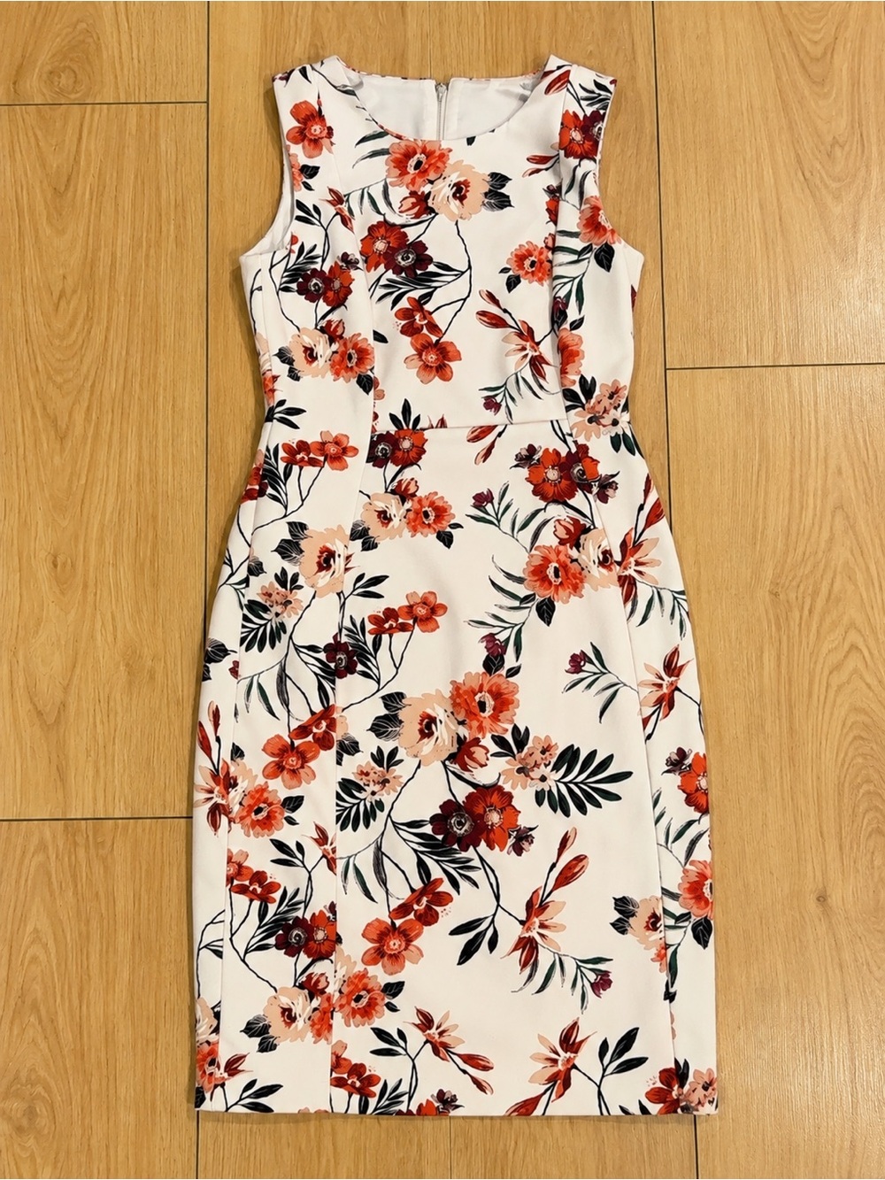 Calvin Klein White Sheath Dress with Red Floral Print